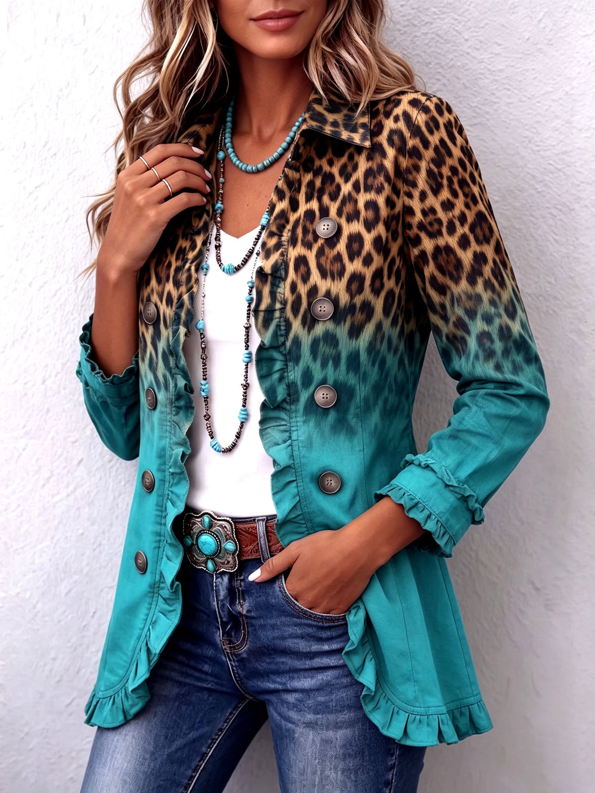 Blazer Estampado de Leopardo Degradado con Volante