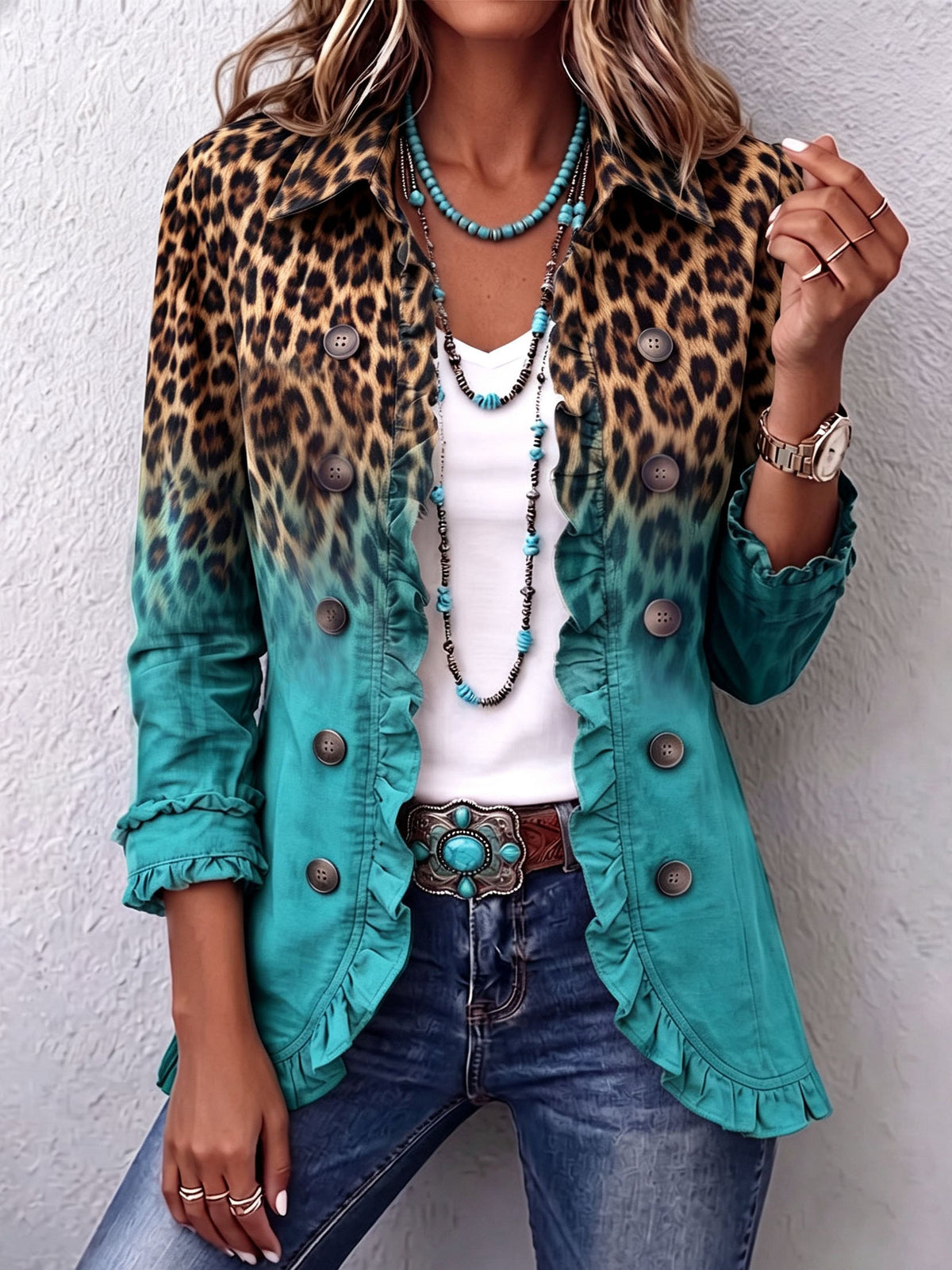 Blazer Estampado de Leopardo Degradado con Volante