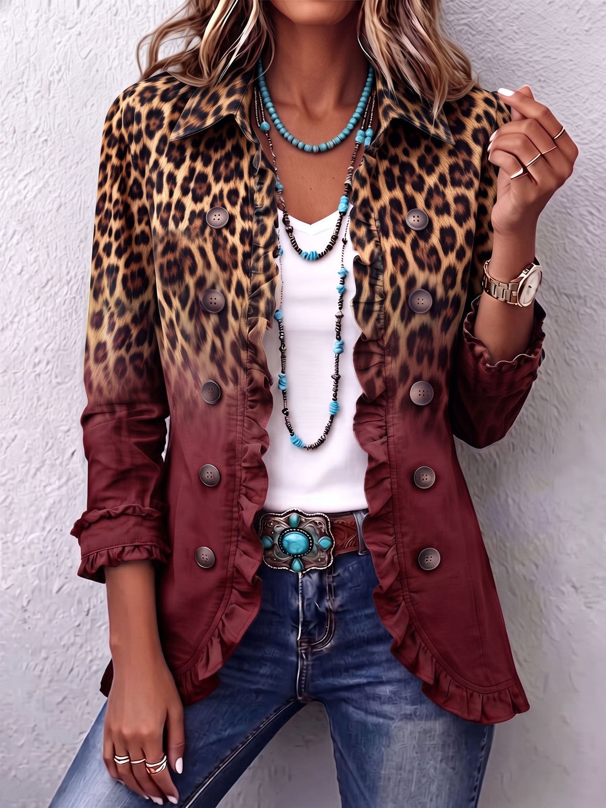 Blazer Estampado de Leopardo Degradado con Volante