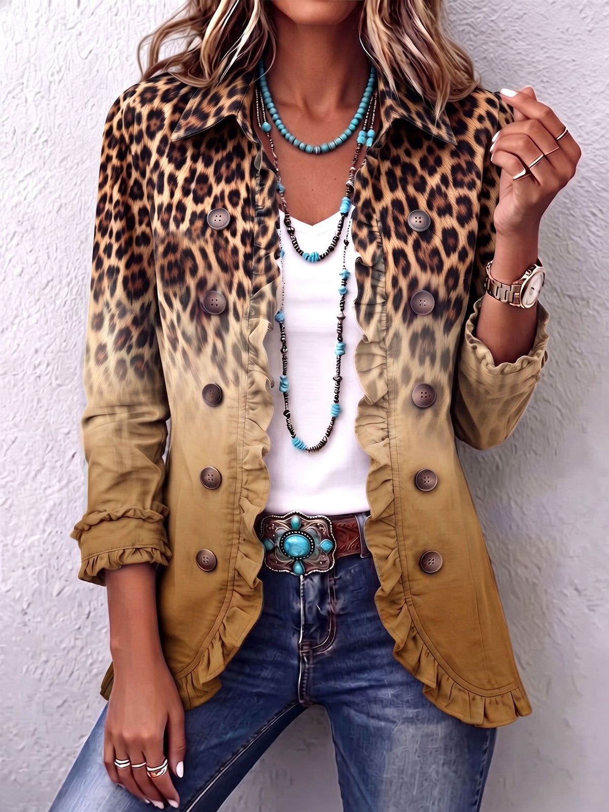 Blazer Estampado de Leopardo Degradado con Volante