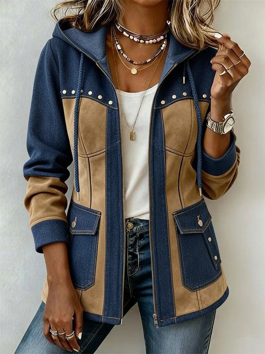 Chaqueta con Capucha en Azul Marino y Camel