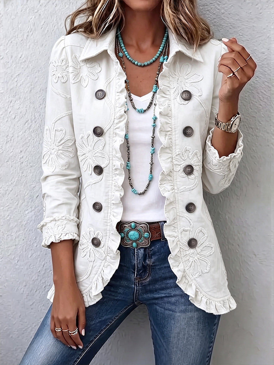 Chaqueta Bordada Marfil con Volante