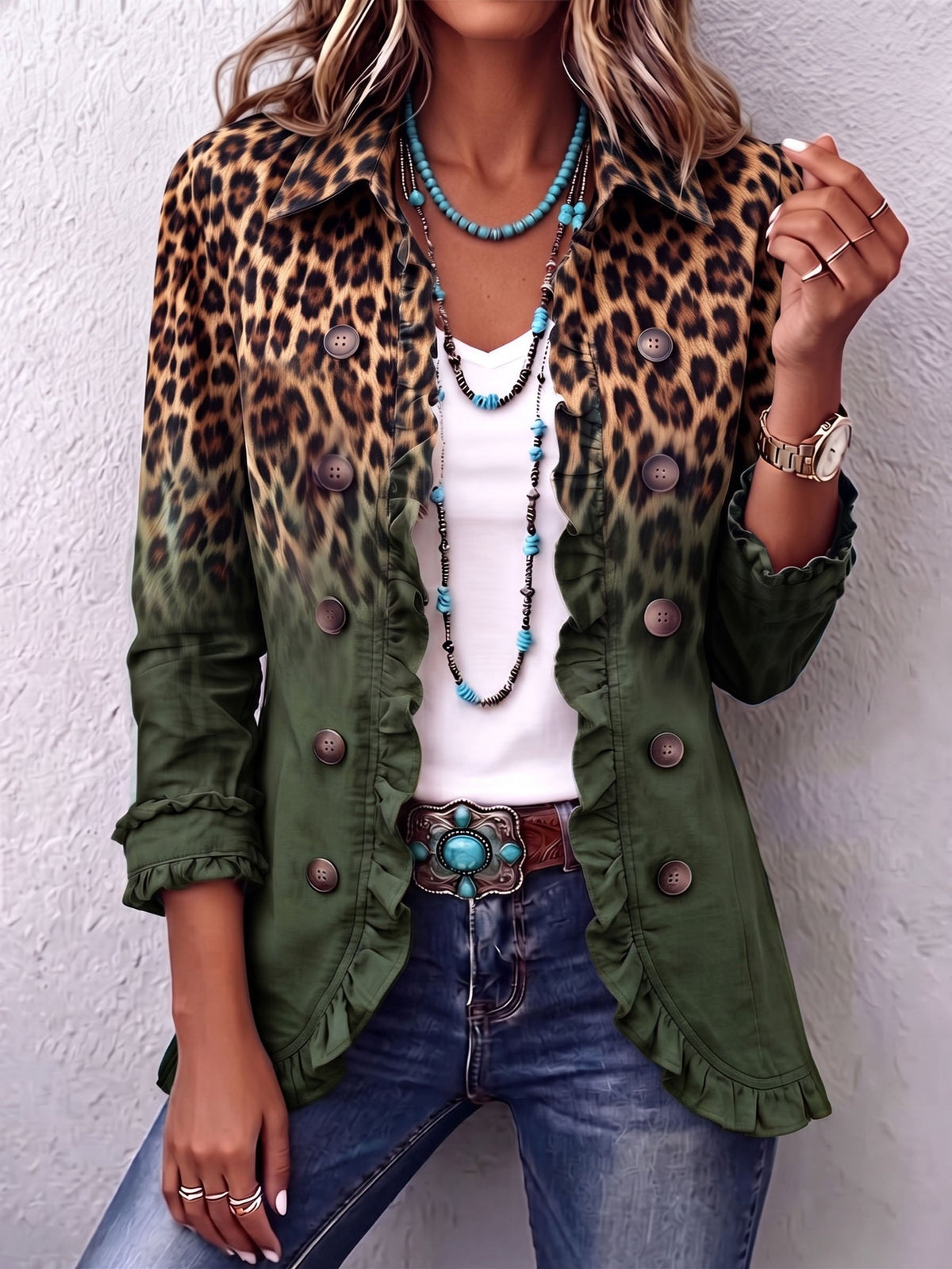 Blazer Estampado de Leopardo Degradado con Volante