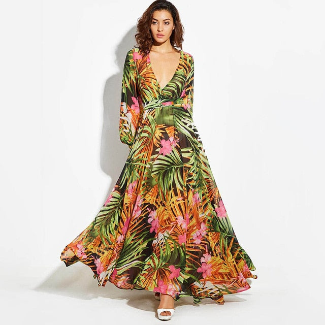 Vestido Largo Verde Estampado Tropical – Escote V con Cinturón