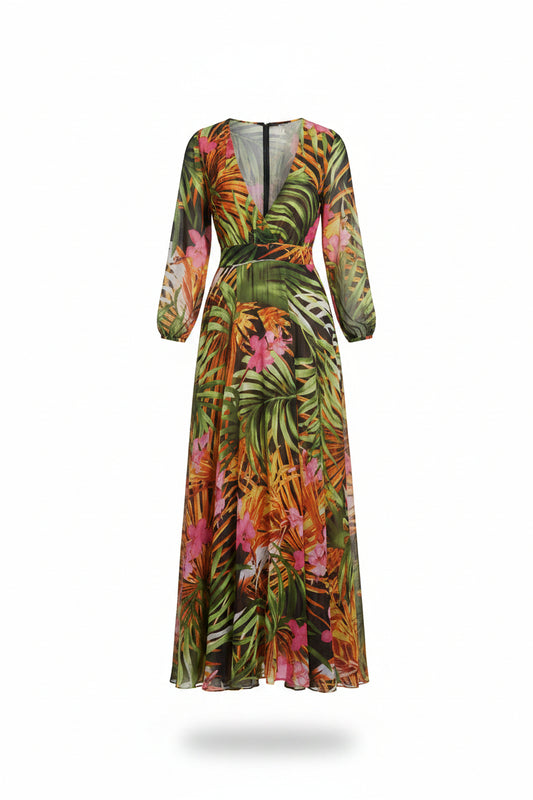 Vestido Largo Verde Estampado Tropical