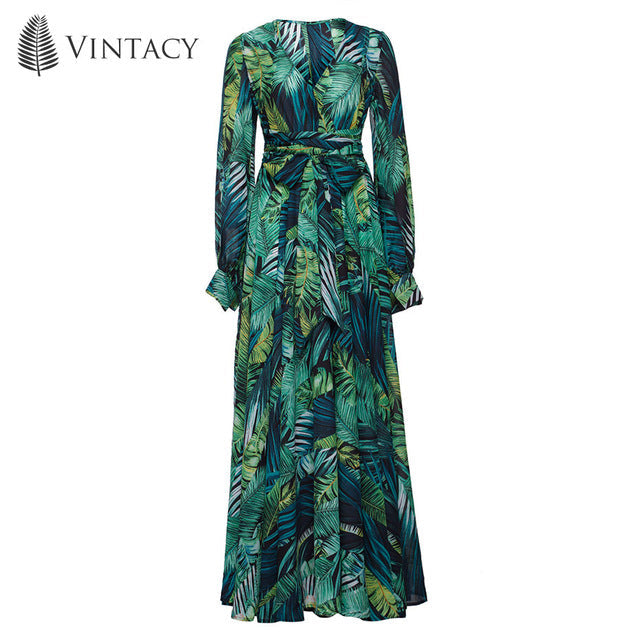 Vestido Largo Verde Estampado Tropical – Escote V con Cinturón