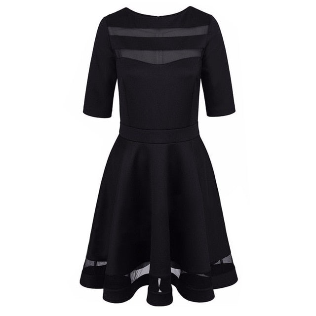 Vestido Negro con Malla – Estilo Vintage Hasta la Rodilla
